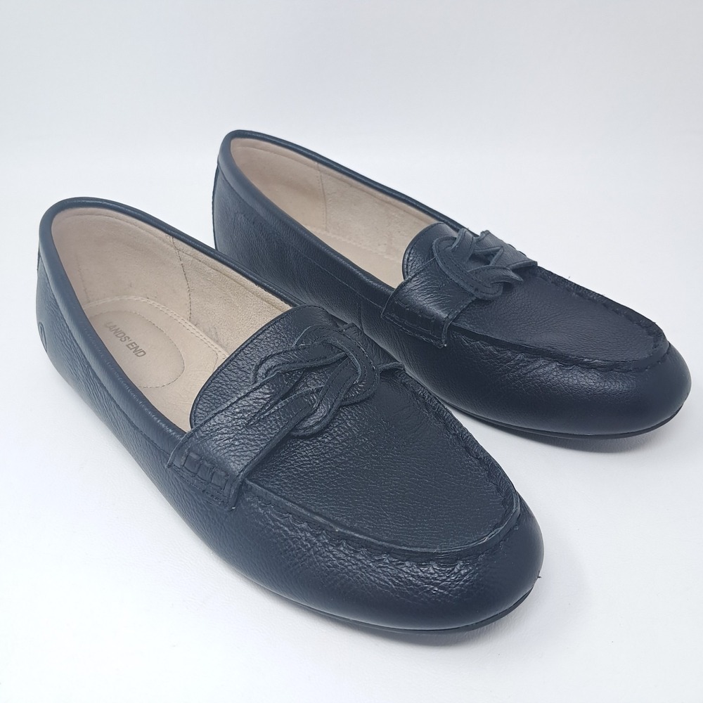 Lands' End Womens Leather Loafers Navy 8.5 B Classic‎ Preppy Slip-On Shoe